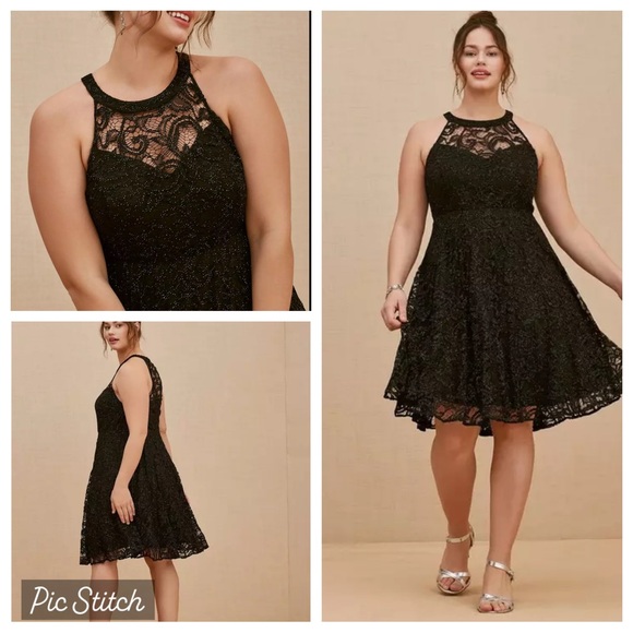 Torrid Black Glitter Mini Lace Skater Halter Dress Size 22 Plus Size - Picture 3 of 17